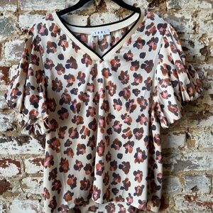 THML Cream Floral V-Neck Puff Sleeve Blouse with Brown & Rust Accents